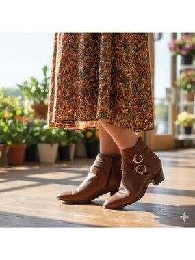 Vintage 90s Sudini Italy Tan Leather Ankle Boots Buckle Low Heel Booties 9.5